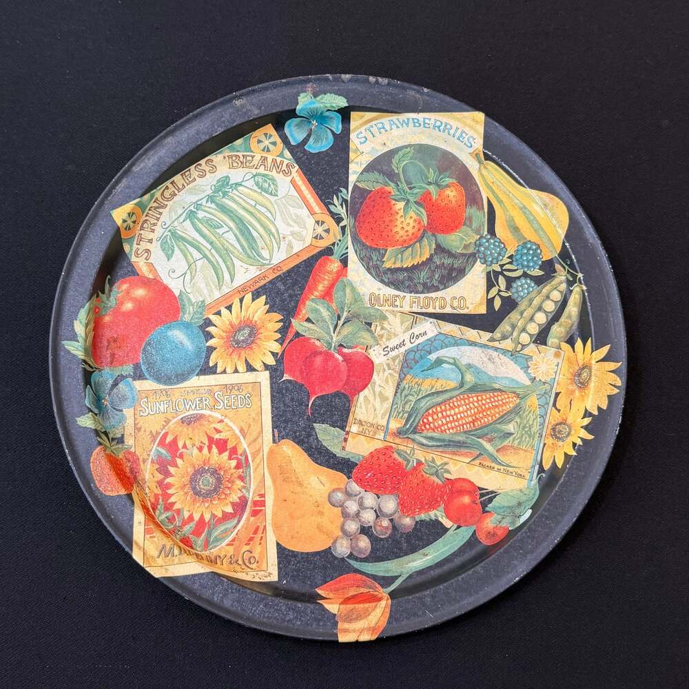 Vintage Black Round Serving Tray Seed Packets Flowers Fruit Vegs 13.5" Diameter